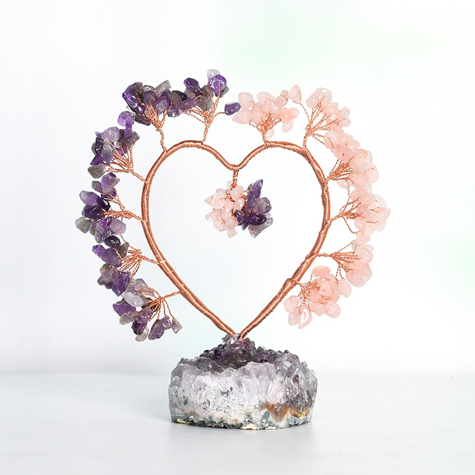 Healing Crystal,Lucky Crystal,Love Relationship,Get Rich,Heart Shape Amethyst Cluster Base Crystal Tree Ornaments